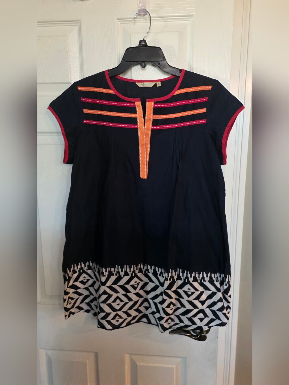 Global Desi Navy and White Printed Cotton Embroidered Split Neck India Dtess XL